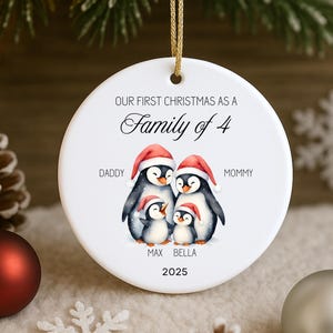 Family of 4 Ornament, Personalized family ornament, Second Child, Baby's first Christmas, Baby due, Penguin, Our family is complete, Bauble