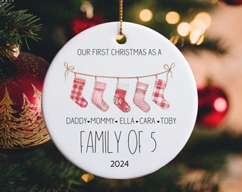 Family of 5 Ornament, Personalized Stockings, Christmas Bauble, 2024, Family Name, Farmhouse Decor, Plaid, 3rd Child, New Born, Hello baby