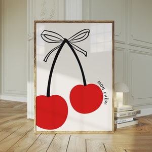 Mon Cheri Print, Digital Download, Coquette Bow Cherry Print, My Darling Poster, Retro Wall Art, French Cherry Wall Decor, Room Office Dorm