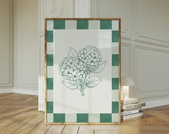 Green Hydrangea Vintage Wall Art, Digital Download, Botanical Art Print, Home Decor, Green Wall Art, Floral Decor, Checkered Hydrangea Print