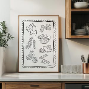 Pasta Kitchen Print, Kitchen Home Decor, Pasta Illustration, Pasta Lovers, Italian Food Poster, Trendy Wall Art, Retro Kitchen