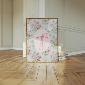 Vintage Floral Bow Print, Rose Wallpaper, Wall Decor, Cottagecore, Coquette, Pastel Pink Print, Floral Home Decor, Gift for Her, Shabby Chic