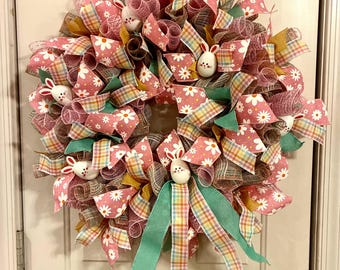 Handmade Bunny Wreath, Daisy Ribbon Accent, Nursery Decor, Spring Easter Decoration