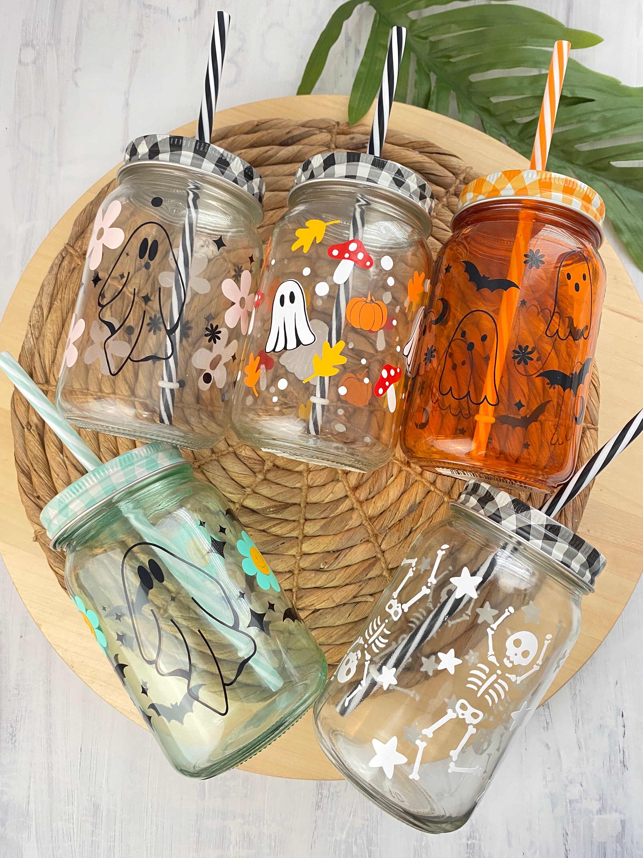 Halloween Glass Mason Jar Cups / Ghost Glass Cups / Spooky Etsy