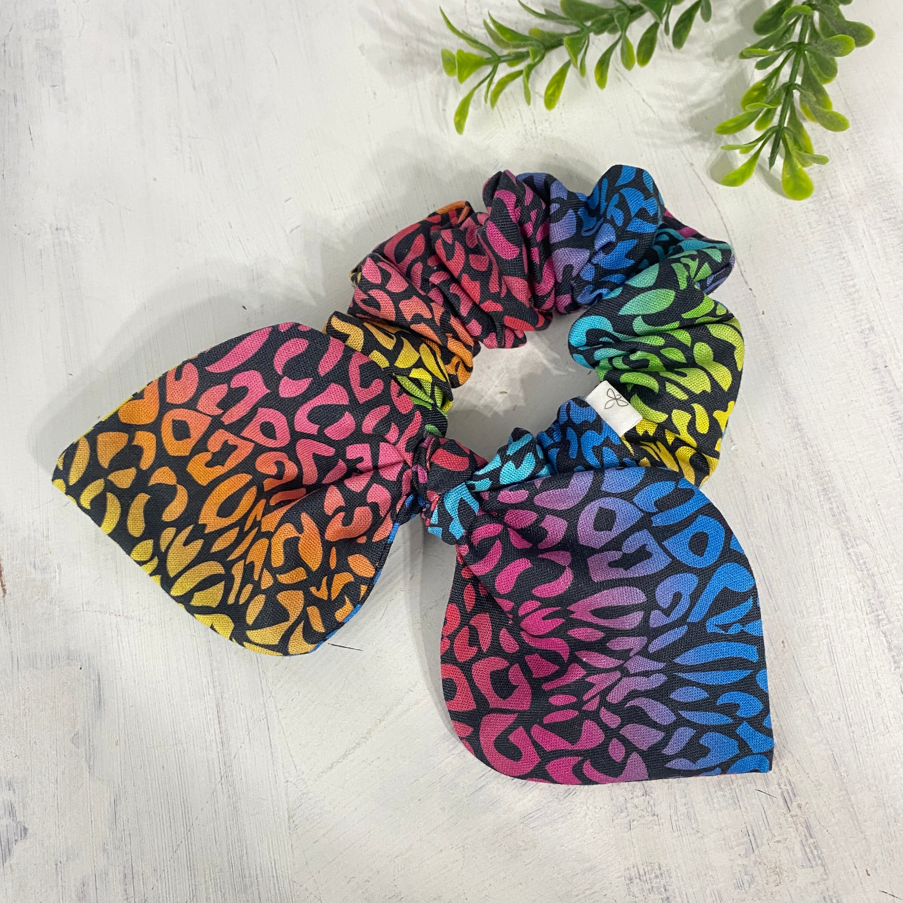 Cheetah Rainbow Bow Scrunchie, Cheetah Print, Black, Rainbow Bow Scrunchie, Top Knot Scrunchie, Bunny Ear Scrunchie,Scrunchie