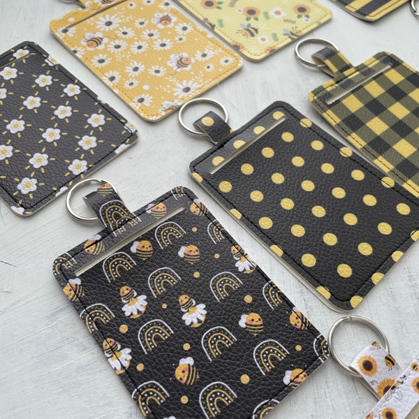 Card Wallet, Card Holder, Sleeve Mini Credit Card Wallet Keychain,  Slim Faux Leather, Bees, Gift for Her,