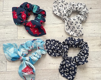 Nautical Bow Scrunchie, Anchors Bow Hair Tie, Sail Boat Classic Bow Scrunchies, Sharks Scrunchies, Gift for her