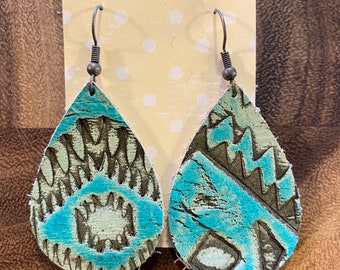 Embossed Blue Leather Teardrop Earrings