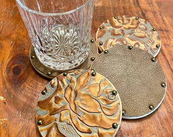 Copper Floral Leather Coaster Set