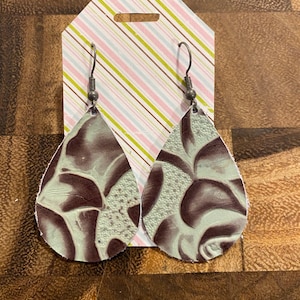 Embossed Teal Floral Leather Teardrop Earrings