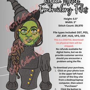 Puede incluir: Archivos de bordado Green Witch de descarga digital. La imagen muestra una bruja de piel verde con un sombrero y un vestido negros. La bruja lleva gafas y tiene el pelo largo y castaño. La imagen también incluye texto sobre los tipos de archivos incluidos y cómo descargar el archivo.
