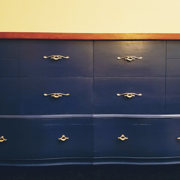 Refinished dark blue dresser, stained wood top, six drawers.