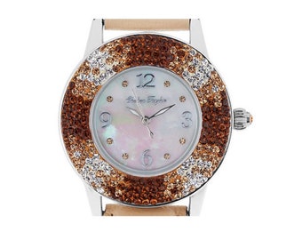 Chelsea Taylor Crystal Round Mother-of-Pearl Dial Leather Strap Watch
