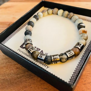 Personalized Engraved Men Jasper Stone Bracelet with Names- Jasper Kids Names Bracelet - Family Name Bracelet, valentines, Birthday Gift,