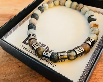 Personalized Engraved Men Jasper Stone Bracelet with Names- Jasper Kids Names Bracelet - Family Name Bracelet, valentines, Birthday Gift,