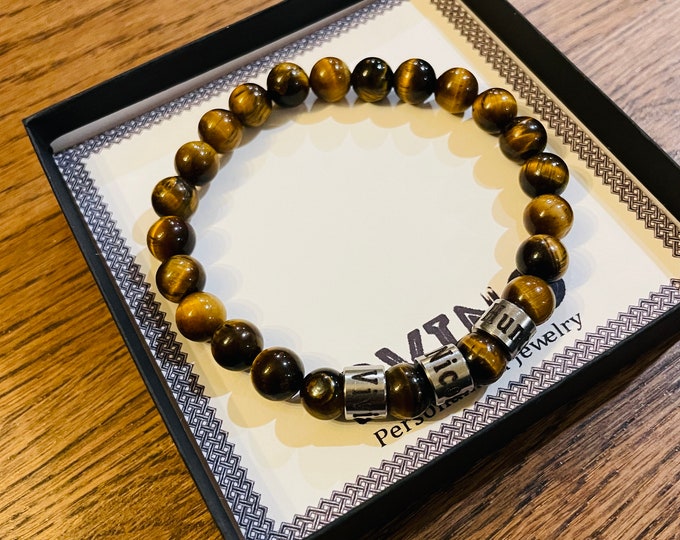 Personalized Engraved Men Tiger Eye Bracelet with Names- Tiger eye  Kids Names Bracelet - Family Name Bracelet, valentines, Birthday Gift,