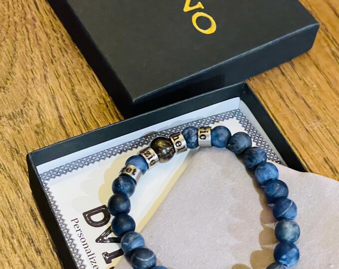 Personalized Engraved Men Sodalite Frosted Stone Bracelet with Names - Kids Names - Family Name Bracelet, valentines, Birthday Gift,