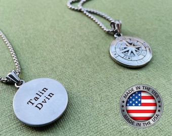 Engraved Compass Pendant Necklace for Men in Stainless steel