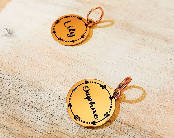 Double side Rose Gold Stainless steel engraved ID name Flower Design ,  Engraving pet dog cat tag Laser Engraving