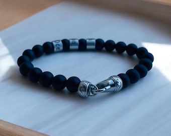 Personalized Men's Onyx Bracelet: Engraved Name Beads, Handmade