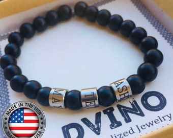 Personalized Engraved Men onyx Stone Bracelet with Names - Onyx Kids Names Bracelet - Family Name Bracelet, valentines, Birthday Gift,