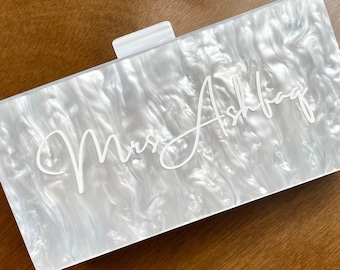 Custom wedding box clutch, Personalized name, Bridal purse,  White acrylic handbag for bride, Bridal shower gift, Mrs clutch