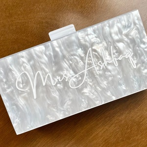 Custom wedding box clutch, Personalized name, Bridal purse,  White acrylic handbag for bride, Bridal shower gift, Mrs clutch