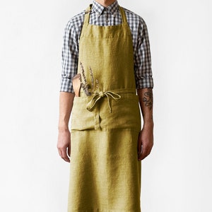 Green gardener linen apron. Moss Green Linen Chef Apron. Holiday Apron. Barista apron. Natural linen apron. Full linen apron for her image 3