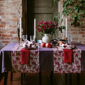 Linen table runner. Fuchsia Flowers on Natural Linen Table Runner. Natural stonewashed linen table runner. Washed soft linen table runner. image 1