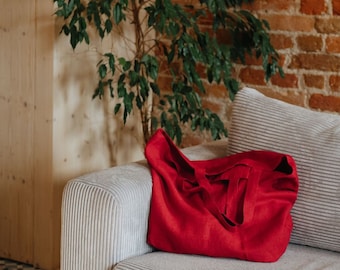 Lava Falls linen big bag. Red Big Linen Bag. Linen Beach Bag. Reusable Eco Linen Shopping Bag