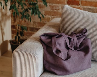 Montana Grape linen big bag. Purple Big Linen Bag. Linen Beach Bag. Reusable Eco Linen Shopping Bag