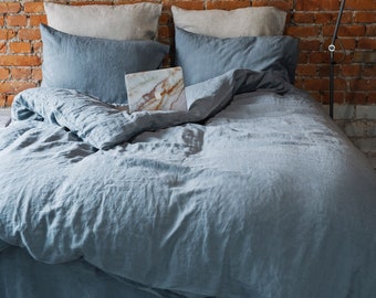 Linen duvet cover in Blue. Rustic duvet cover queen. King size bed duvet cover. Cozy room decor.