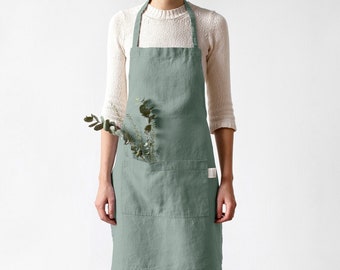 Green Linen Apron with Pockets. Grilling Gifts Mens Apron. Vintage Apron for Women.