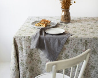 Handmade Rustic Farmhouse Tablecloth with Vintage Floral Embroidery - Unique Home Dining Room Decor Accent - Country Table Cover