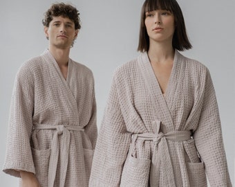 Waffle linen kimono robe for Men - Linen & Cotton Honeycomb Waffle Bathrobes - Warm linen bathrobes for him. Gift for men.