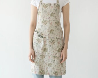 Botany Floral Full linen apron.  Washed Linen Apron. linen apron For Mom. Natural linen kitchen apron.