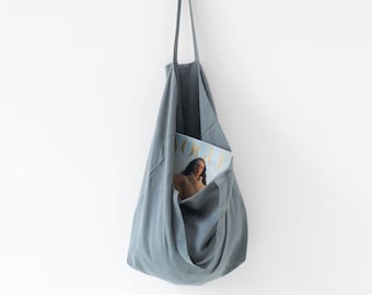 Blue Fog linen big bag. Blue Big Linen Bag. Linen Beach Bag. Reusable Eco Linen Shopping Bag