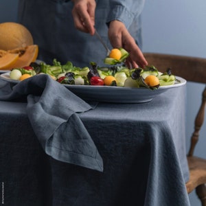 Blue Fog Linen Tablecloth. Natural dining tablecloth. 100% linen tablecloth. Natural linen tablecloth. image 1