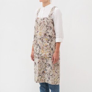 Linen Pinafore Apron. Meadow on Natural Linen Pinafore Apron. Japanese Apron. Colorful linen apron. Linen pinafore apron for women. image 1