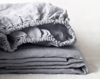 Linen fitted sheet in Light Grey stonewashed linen. Queen size bed linen sheets. Linen sheets Twin/Full.