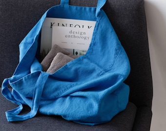 Blue linen bag. French Blue Big Linen Bag. Linen Beach Bag. Reusable Eco Linen Shopping Bag