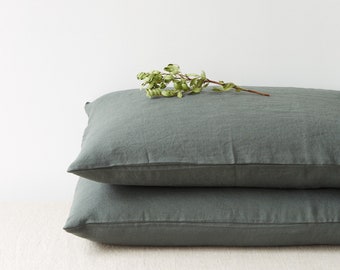 Pure Linen pillowcase. Linen pillowcase in forest green. King/queen/standard washed linen pillowcase. Rustic linen shams.