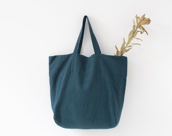 Deep Water linen big bag. Blue Big Linen Bag. Linen Beach Bag. Reusable Eco Linen Shopping Bag