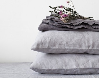 Pure linen pillowcase in Light Grey. Linen pillowcase. King washed linen pillowcase. Gray linen pillow.
