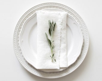 White Linen Cloth Napkins with fringes. Festive Dinner Napkins in Ivory. Scandinavian style linen napkins. Linen napkins with fringes.