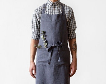 Dark Grey Linen Chef Apron. Mens Apron with Pockets. Barber Apron for Men. Grilling Gifts bbq Apron.