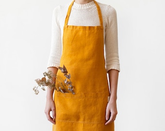 Yellow Linen Aprons for Women. Natural Linen Fabric. Stonewashed linen apron with front pocket.