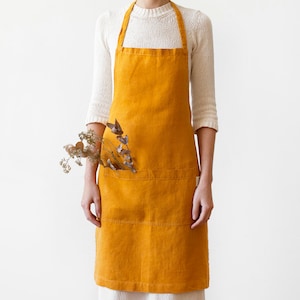 Yellow Linen Aprons for Women. Natural Linen Fabric. Stonewashed linen apron with front pocket. image 1