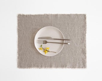 Natural Linen Washed Placemat With Fringes. Fall Table Decor Place Mats. Stonewashed linen placemats.