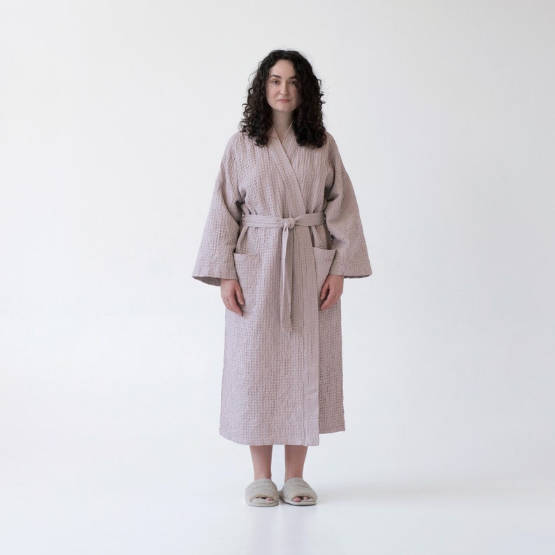 Powder Honeycomb Waffle Linen Bathrobe. Waffle linen oversized robe. Unisex linen robe. Stonewashed linen bathrobes. image 4